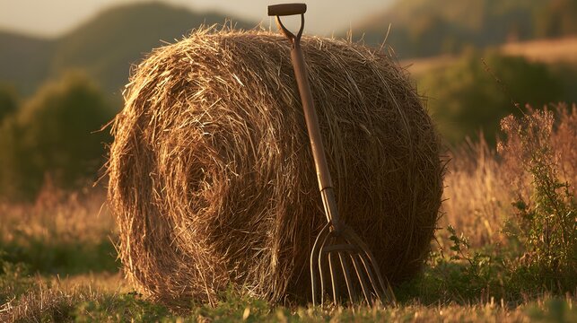 Hay bale and pitchfork in a rural field at sunset