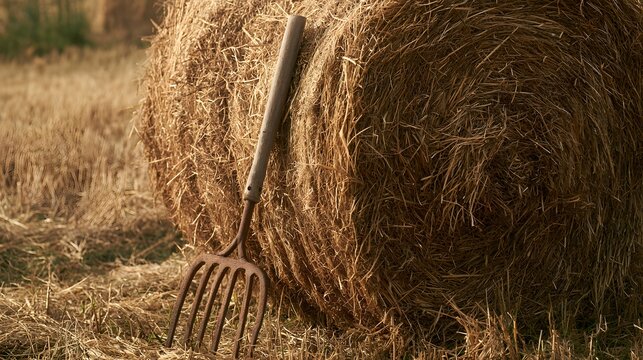 Rustic pitchfork leaning against a large round hay bale