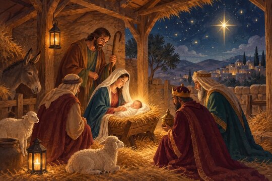 Nativity scene with Holy Family, shepherds, wise men, star
