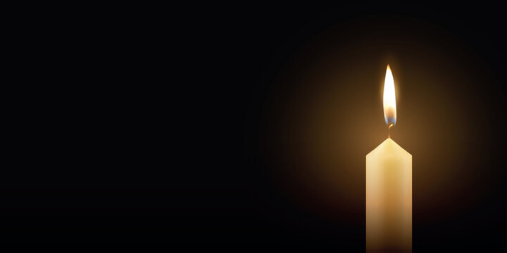 Candle Light, Vector Illustration. Realistic Burning Flame on Horizontal Dark Background. Memorial and Sympathy Card Template with Yellow Candle. Spiritual, Calm Design For Remembrance, Condolence
