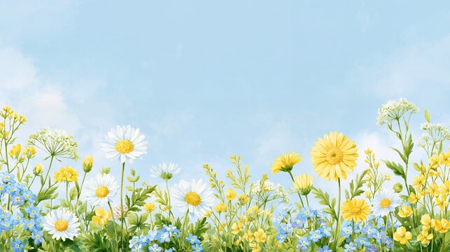 Bright yellow and white spring wildflowers grow against a light blue sky in this artistic horizontal header showing the fresh beauty of a sunny nature scene in springtime