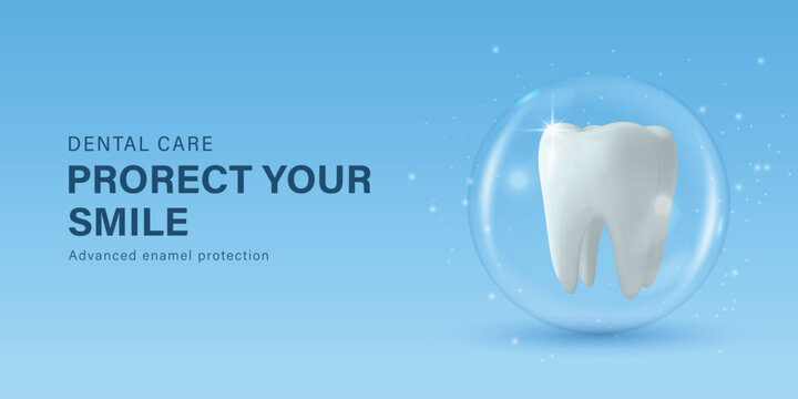 Dental Care Banner, Vector Illustration. Horizontal Dental Care Banner with 3d White Tooth. Dental Care Banner on Light Blue Background for Dentistry, Oral Health, Tooth Protection, Treatment