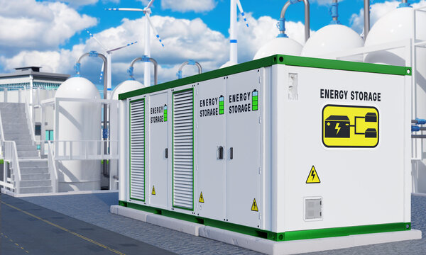 Energy storage, industrial battery container stores electricity generated by wind turbines and supplies power to a hydrogen production facility.