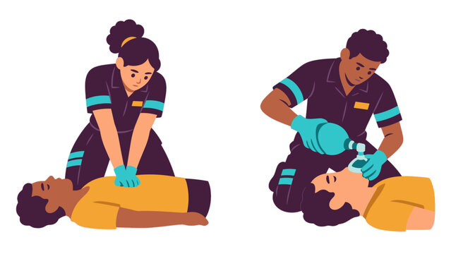 Emergency responders performing CPR and bag-mask ventilation