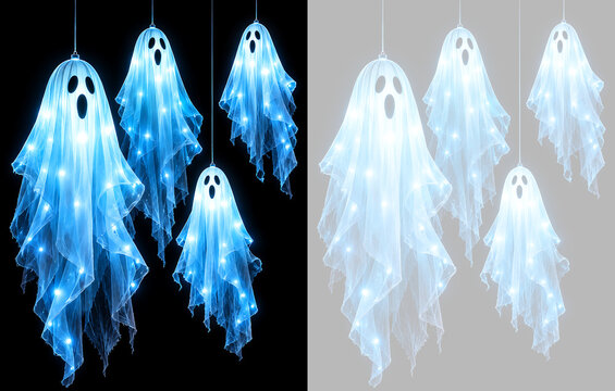 Glowing blue ghost decorations hanging on strings. Spooky illuminated Halloween ornaments on transparent background
