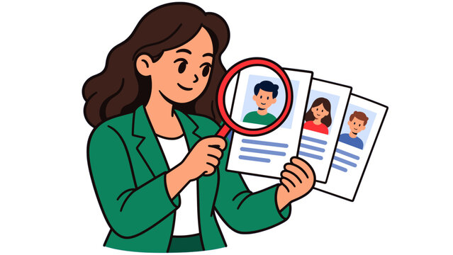 Recruiter screening candidate resumes with a magnifying glass