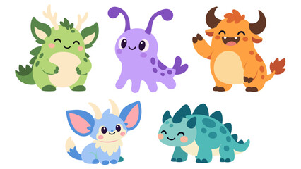 Obraz premium Set of five cute smiling fantasy monster characters