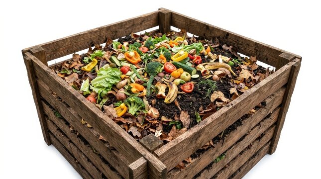 A wooden compost bin filled with organic waste including vegetable scraps and dry leaves for sustainable gardening and soil enrichment