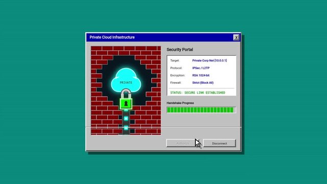 Retro 90s Style Software Interface Security Portal Connecting to Private Cloud