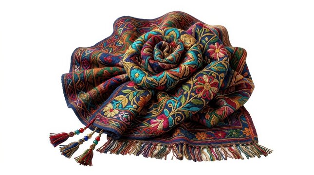 A beautifully folded floral patterned pashmina shawl with decorative tassels and intricate embroidery on a clean white background
