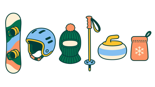 Set of winter sports gear with snowboard and ski equipment