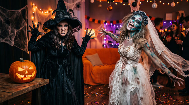 Two women in Halloween costumes, a witch and a zombie bride, pose with a carved pumpkin, representing a festive spooky celebration