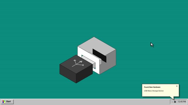 Retro 90s Style Computer Desktop Interface Animation with Isometric USB Drive Insertion