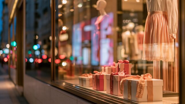 Boutique store window with mannequins, elegant dresses, wrapped gift boxes, warm lighting, and colorful city reflections in a luxury fashion retail display