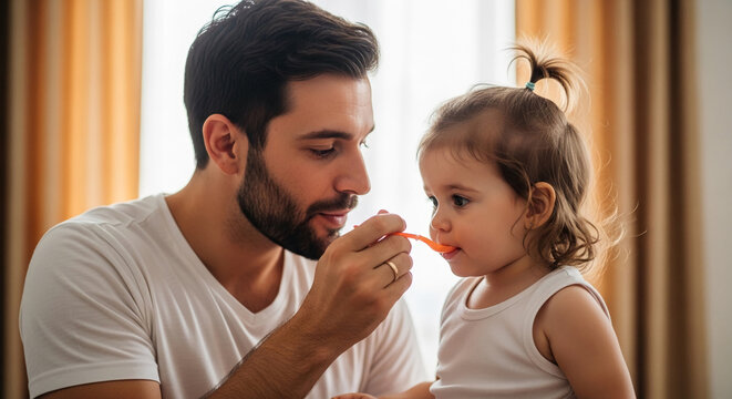 Father feeding baby with spoon, showing nurturing and family bonding, representative of care and early childhood development