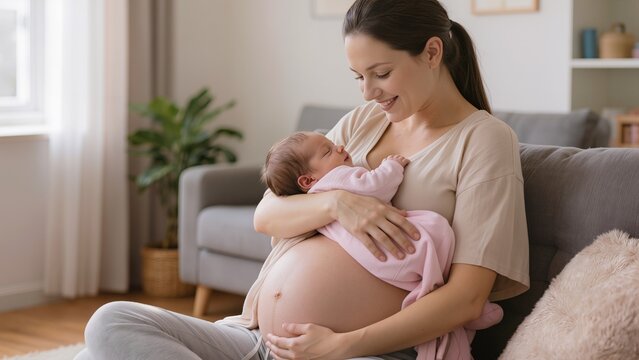 Pregnant mother holding newborn baby in pink clothing while seated on a sofa in a bright home interior, tender family portrait