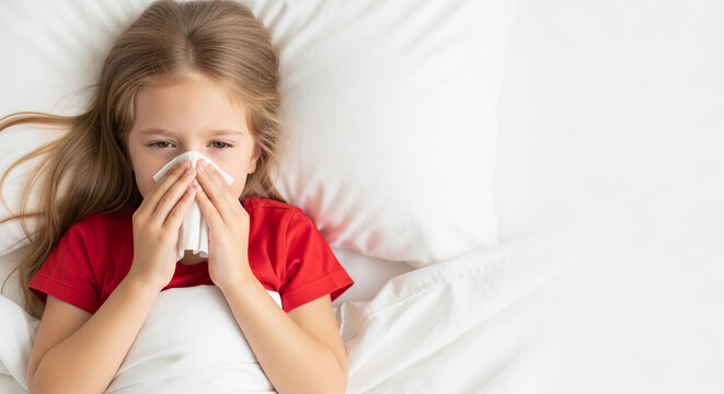 A young girl in bed with a tissue to her nose, looking unwell, representing illness or a cold, suitable for health concepts.