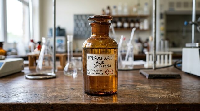 Amber Glass Bottle of Hydrochloric Acid in Chemistry Laboratory