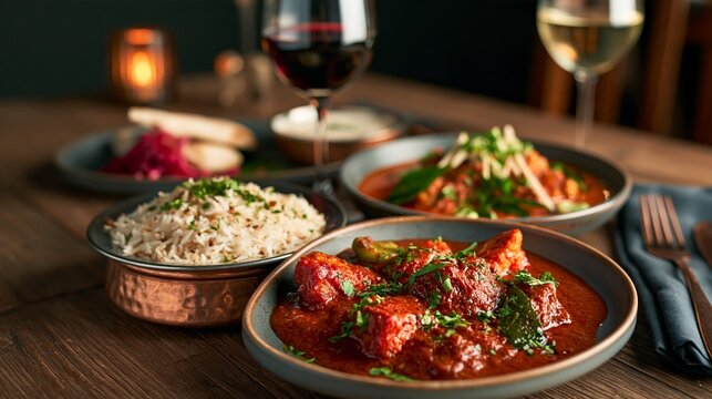 Indian curry meal with rice and wine
