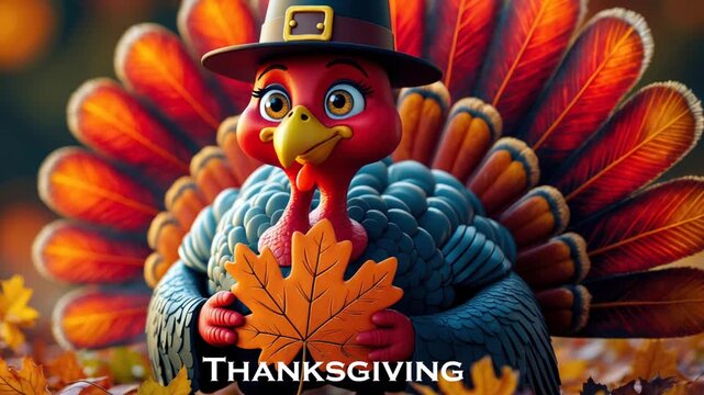 Thanksgiving Card Cute Turkey on Autumn Background Orange Pumpkins and Yellow Leaves AI Generative