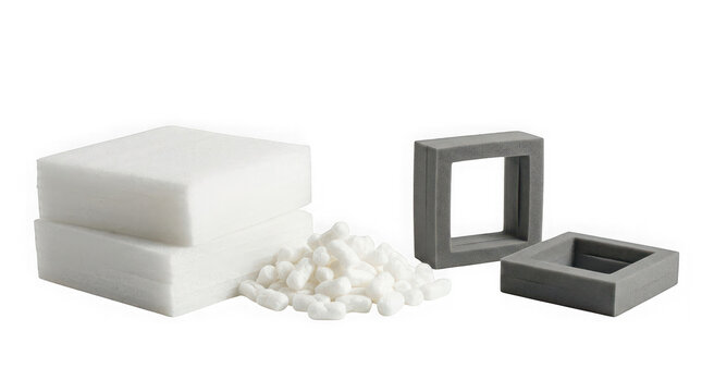 Various types of protective packaging materials including foam blocks and packing peanuts isolated on transparent background