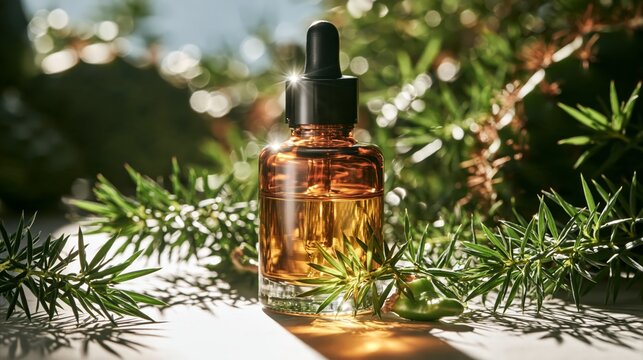 Dropper bottle presenting natural essential oil for skincare