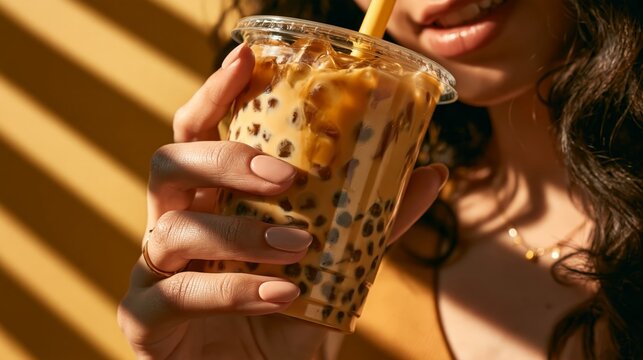 Woman holding refreshing iced coffee bubble tea
