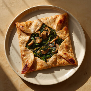 A square savory galette featuring a golden crust filled with saut?ed spinach and sliced mushrooms, served on a round white plate, view