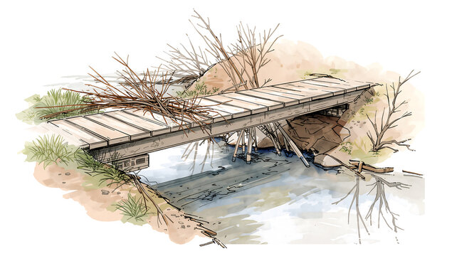 A watercolor of a small wooden bridge crossing a shallow stream, with dry branches piled on the side and sparse vegetation around it