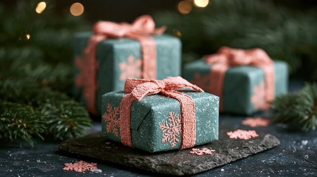 Holiday presents wrapped in teal and coral with snowflakes