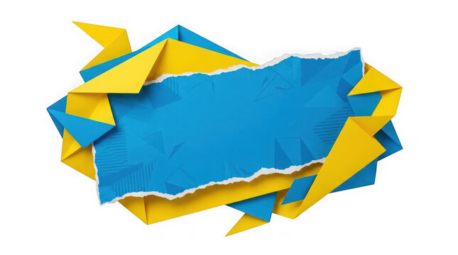 Abstract blue and yellow geometric paper origami frame with torn edges isolated on transparent background
