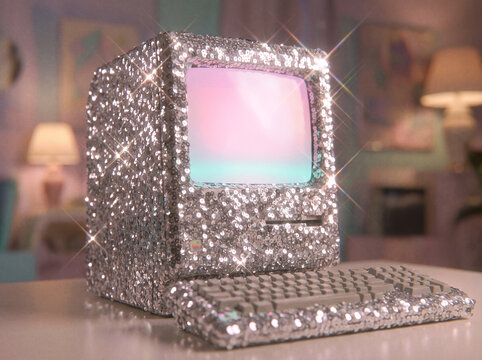 Vintage old desktop PC fully covered with sparkling silver sequins sits on dark desk under pink and cyan ambient lighting.