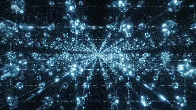 Infinite Crystal Tunnel: An abstract visualization of a seemingly infinite tunnel lined with sparkling blue crystals, creating a mesmerizing and futuristic digital landscape.