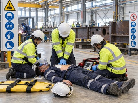 Workplace First Aid Team Treating Worker in Safety Zone