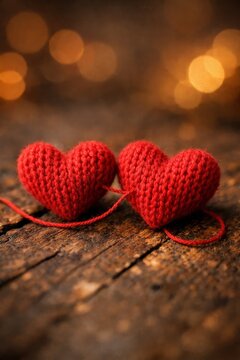 Closeup knitted red hearts on rustic wooden background with warm bokeh lights for valentine greeting card and romantic banner design