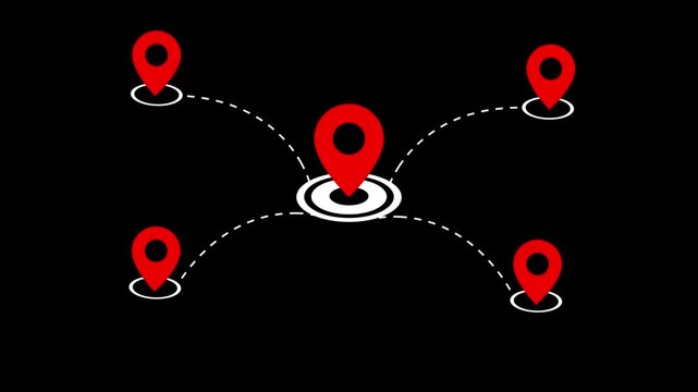 Red Location Map Pin Pointer Network Connected with Dashed Lines Over BLACK Background for GPS Tracking, Travel Route, Navigation, Delivery Service, and Connection Concept