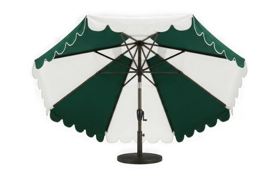 Green and white striped patio umbrella with scalloped edges isolated on transparent background