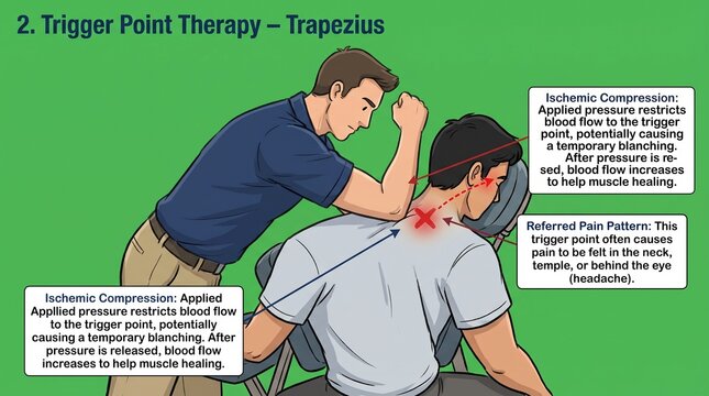 Therapist performing trigger point therapy on a patient trapezius