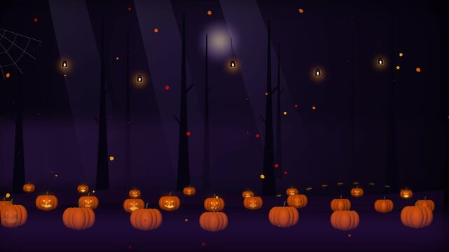 Festive Halloween Pumpkin Patch Scene with Carved Jack-O-Lanterns Glowing with Flickering Candlelights, Swirling Autumn Leaves, and Rising Golden Embers on Dark Background for Intros