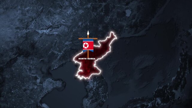 North Korea map with national flag icon glowing on dark blue satellite earth background for geopolitical news and analysis
