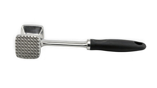 Metal meat tenderizer hammer with a black handle isolated on transparent background
