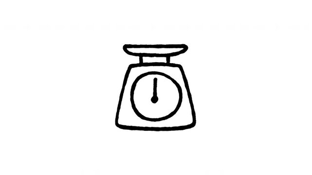 Animated doodle icon of a kitchen food weighing scale tool for accurate baking measurement.