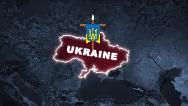 Glowing map of Ukraine with national trident emblem and text overlay on a dark textured background for news broadcast