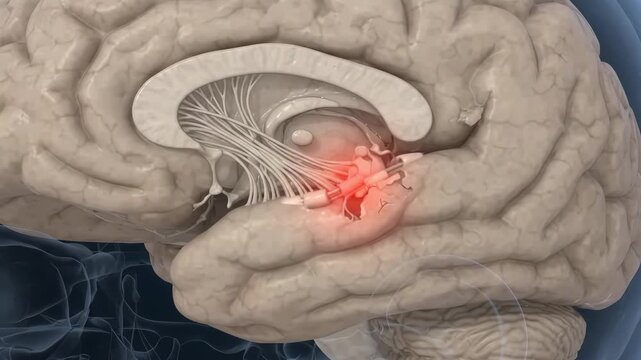 Detailed medical education illustration highlighting brain anatomy and neural pathways with a highlighted focal area
