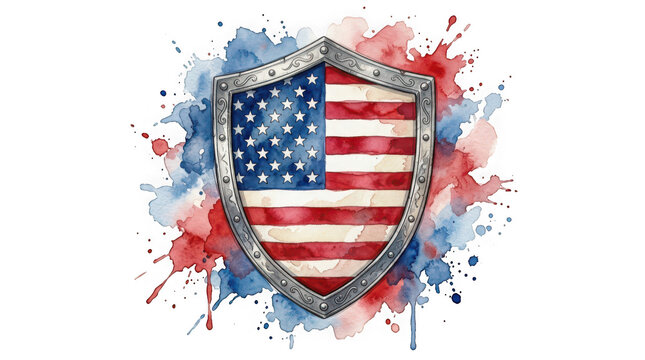 Watercolor illustration of a metallic shield with the american flag pattern isolated on transparent background