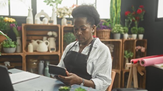 Woman florist in apron holds a calculator and taps buttons with one hand while touching her temple in studio; small business concern.