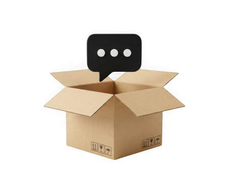 Open cardboard box with a black speech bubble icon floating above isolated on transparent background