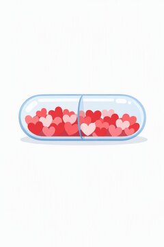 Transparent capsule filled with red and pink heart shapes for valentine concept and romantic health metaphor for design