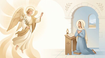 Fototapeta premium Angel Gabriel appears to Mary in the biblical Annunciation. Mary kneels beside an open book in an arched room. Christian scripture and sacred art. Nativity story illustration.
