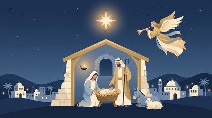 Fototapeta premium Nativity scene with baby Jesus in a manger, Mary and Joseph beneath the Star of Bethlehem. Angel with trumpet above the stable. Christmas celebration. Biblical religious illustration.